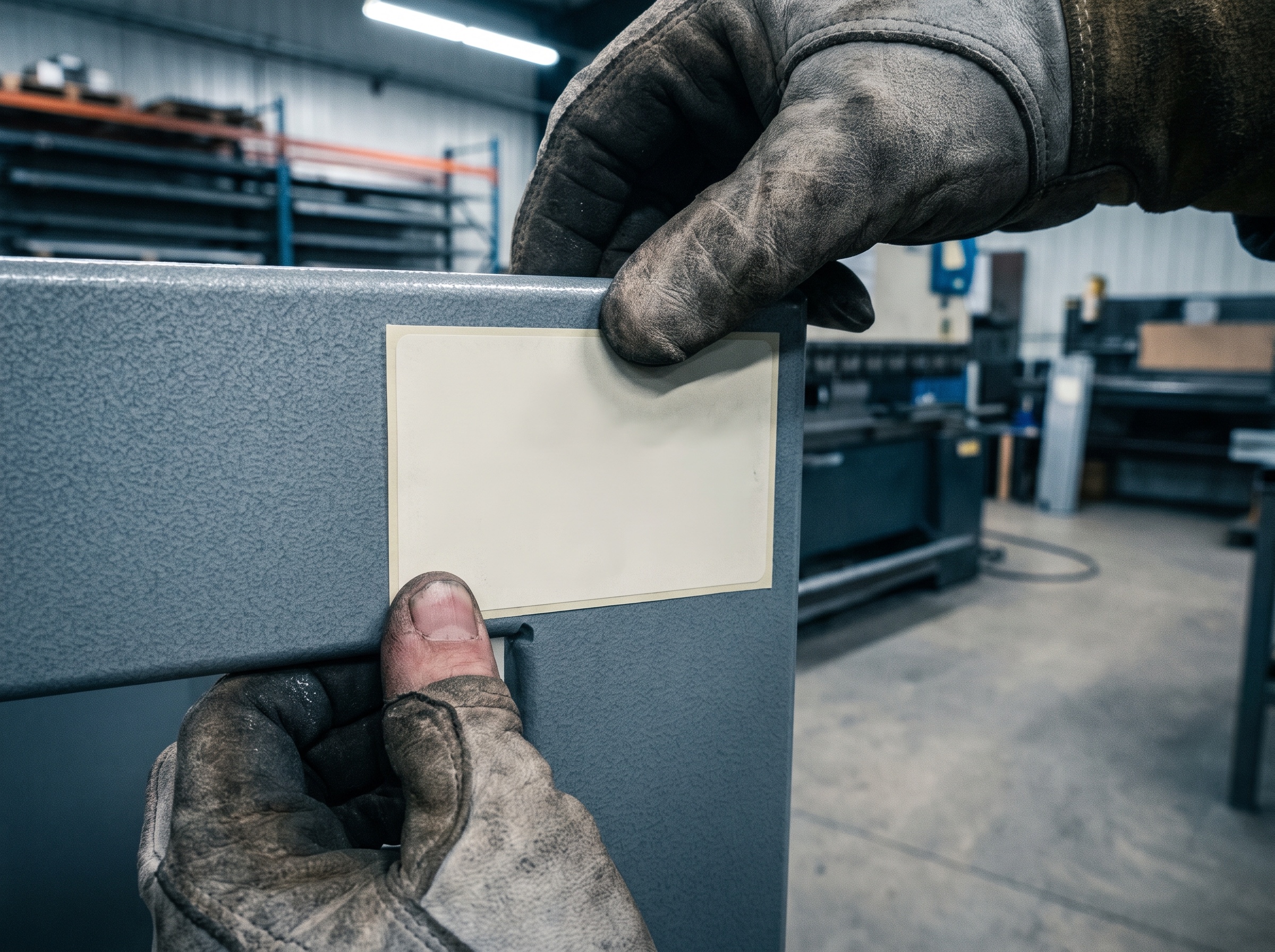 Gloved hands pressing a blank rectangular label onto the textured powder-coated panel of an industrial enclosure.
