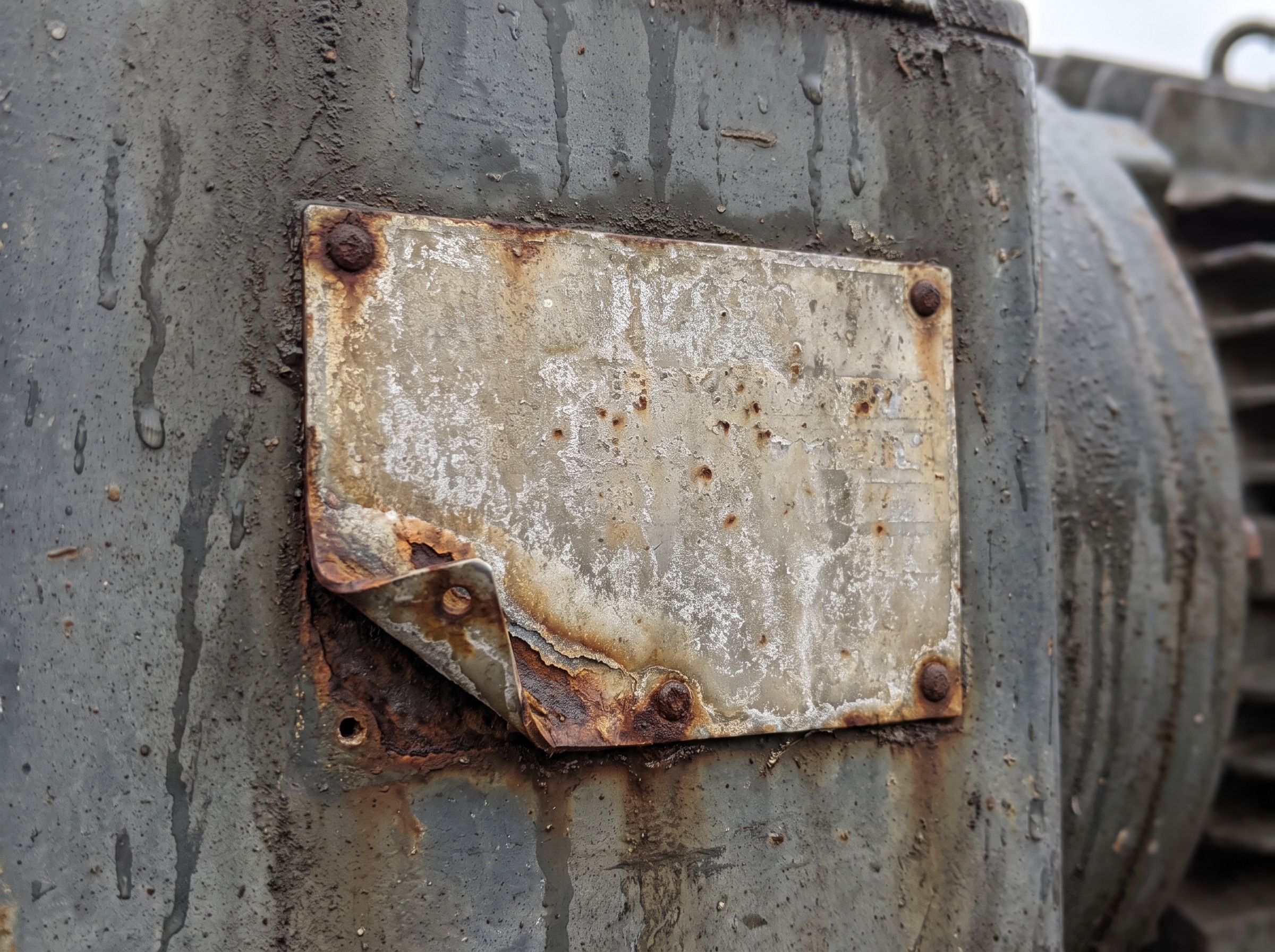 Weathered metal identification plate riveted to an industrial machine, its markings worn away and one lower corner lifted and corroded.