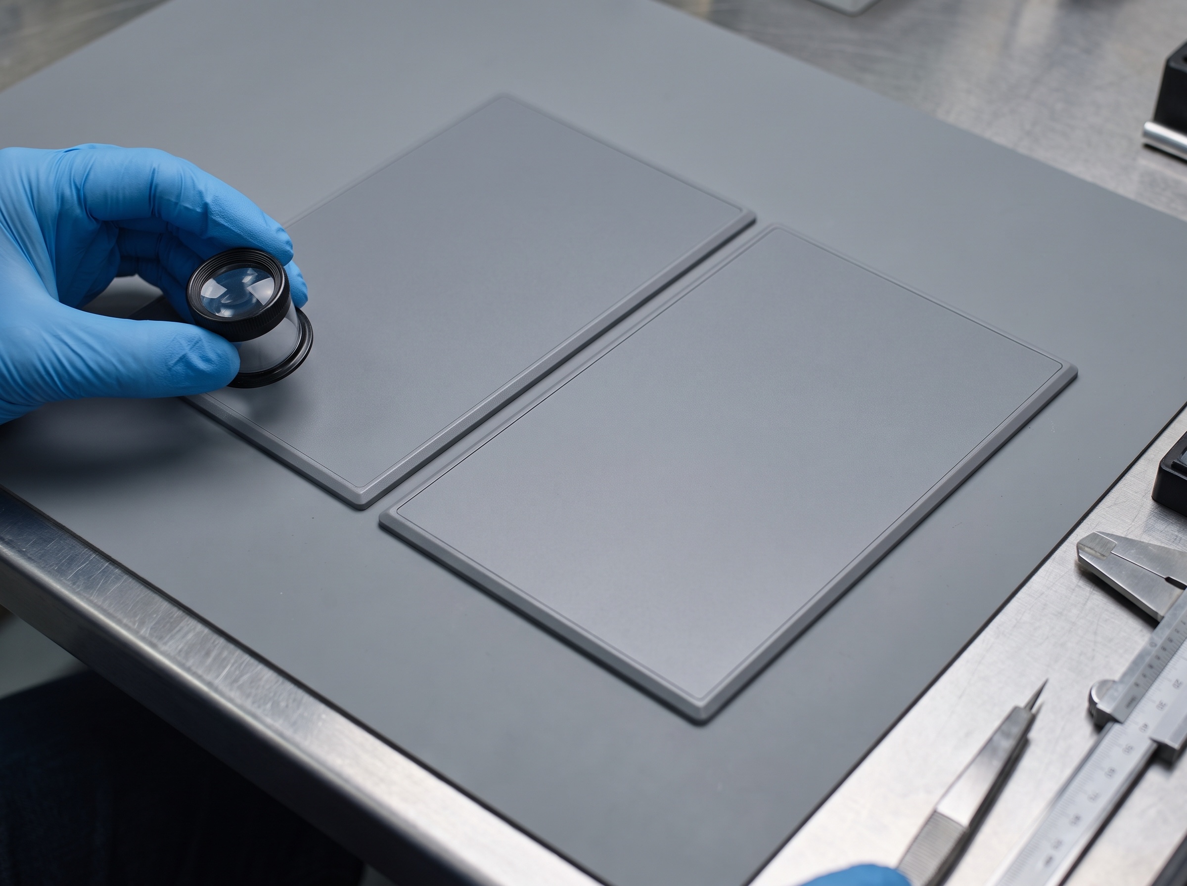 Gloved hand holding a loupe over two blank control panel overlays laid side by side on an inspection bench beside calipers.