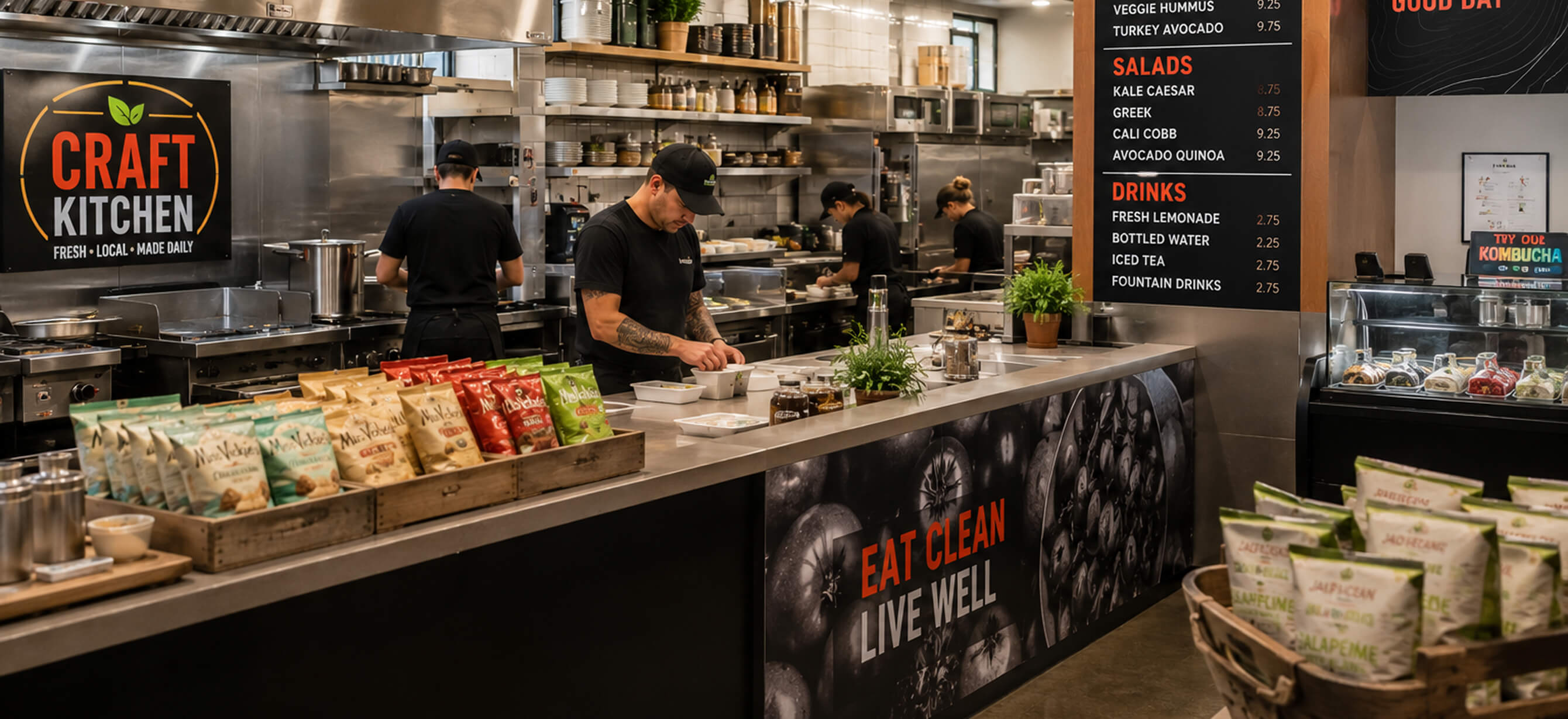 Craft Kitchen commercial counter with Eat Clean Live Well wrap, menu board, and staff