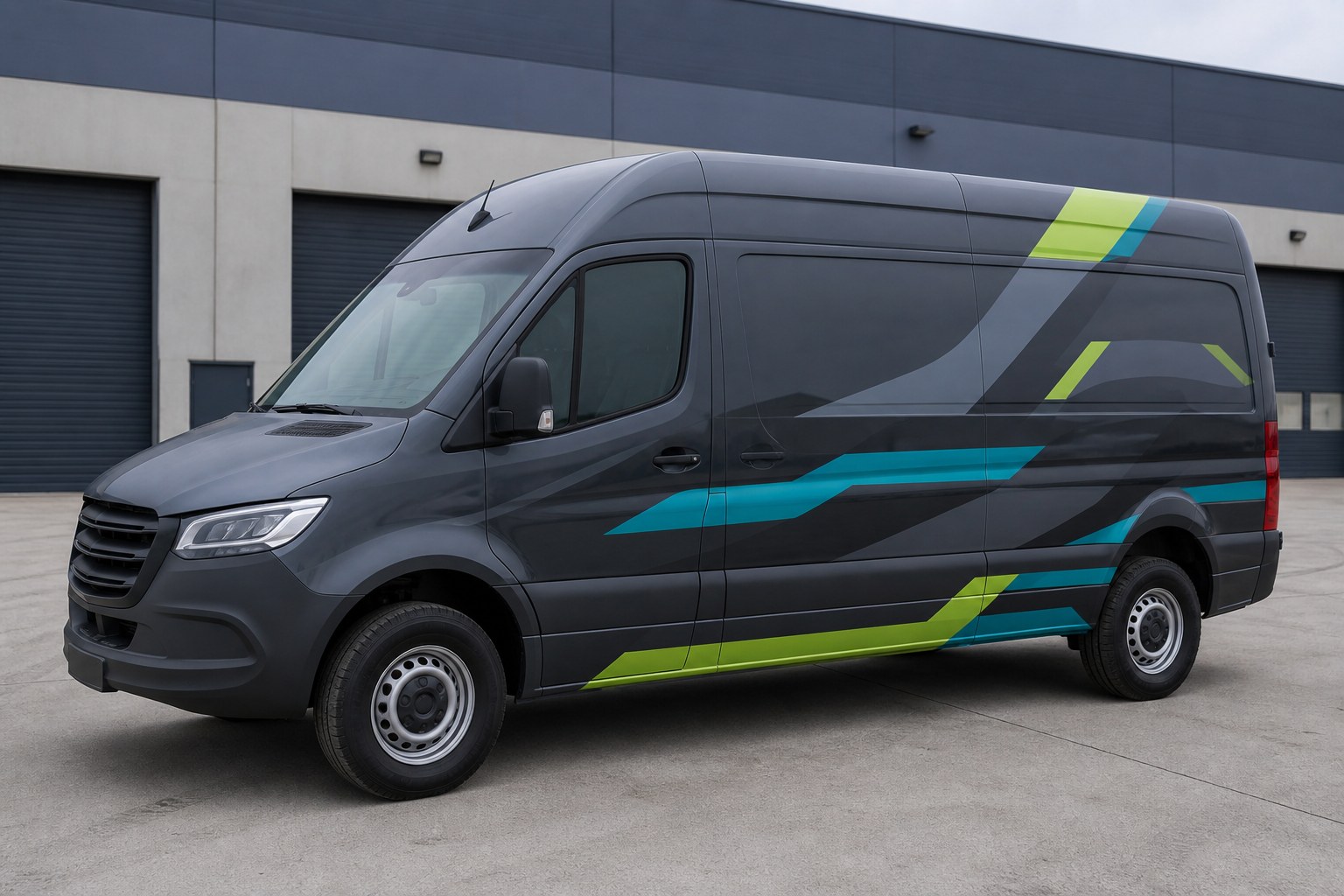 A cargo van wrapped in charcoal, teal, and lime geometric graphics parked at a warehouse.