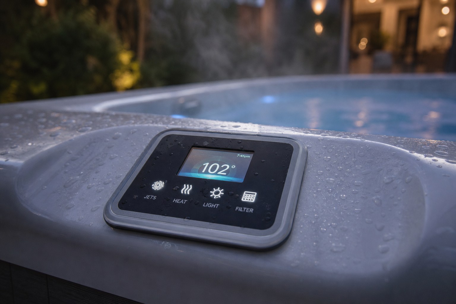 A wet spa topside control showing JETS, HEAT, LIGHT, and FILTER at 102 degrees.