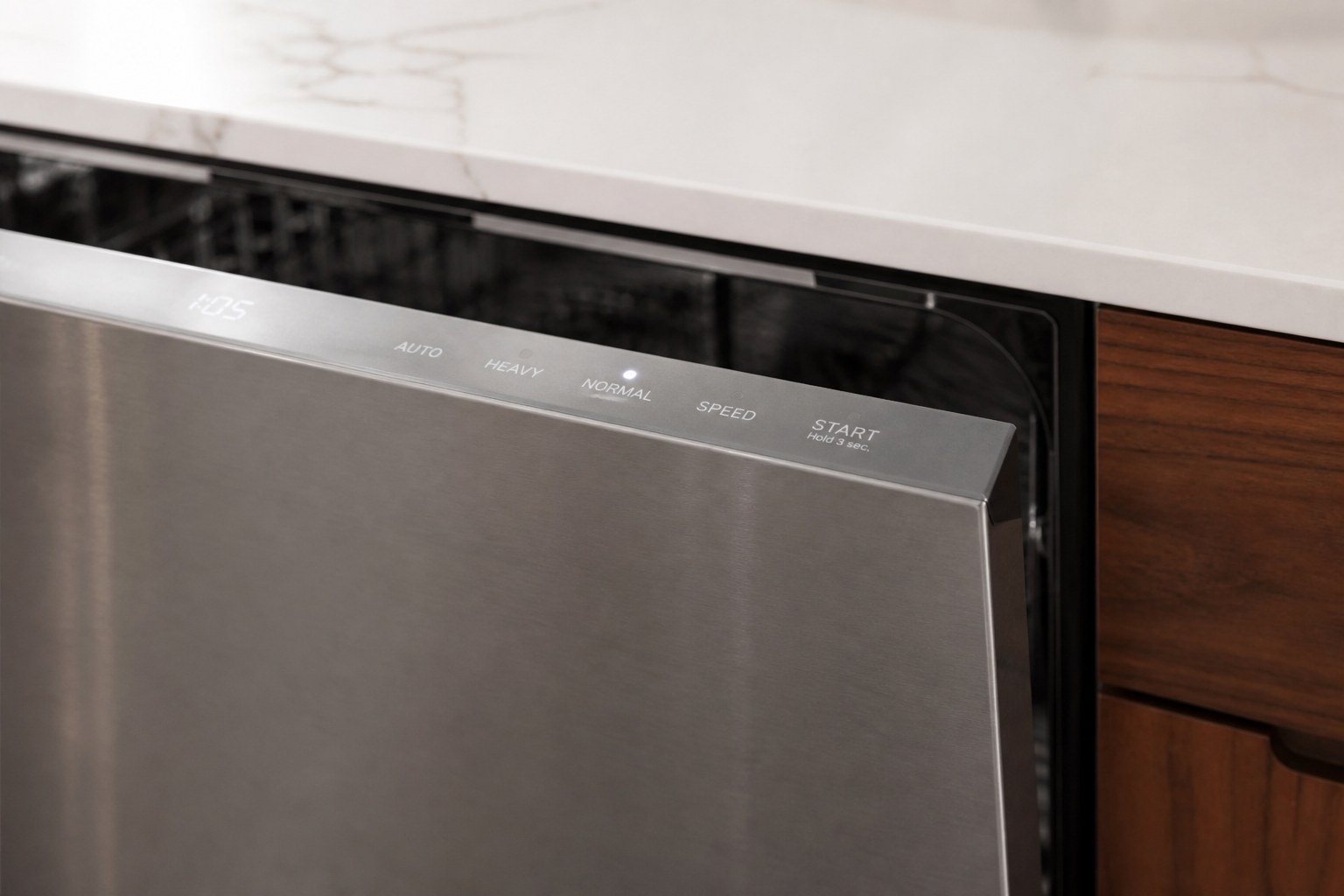 A hidden top-control dishwasher overlay with AUTO, HEAVY, NORMAL, SPEED, and START.