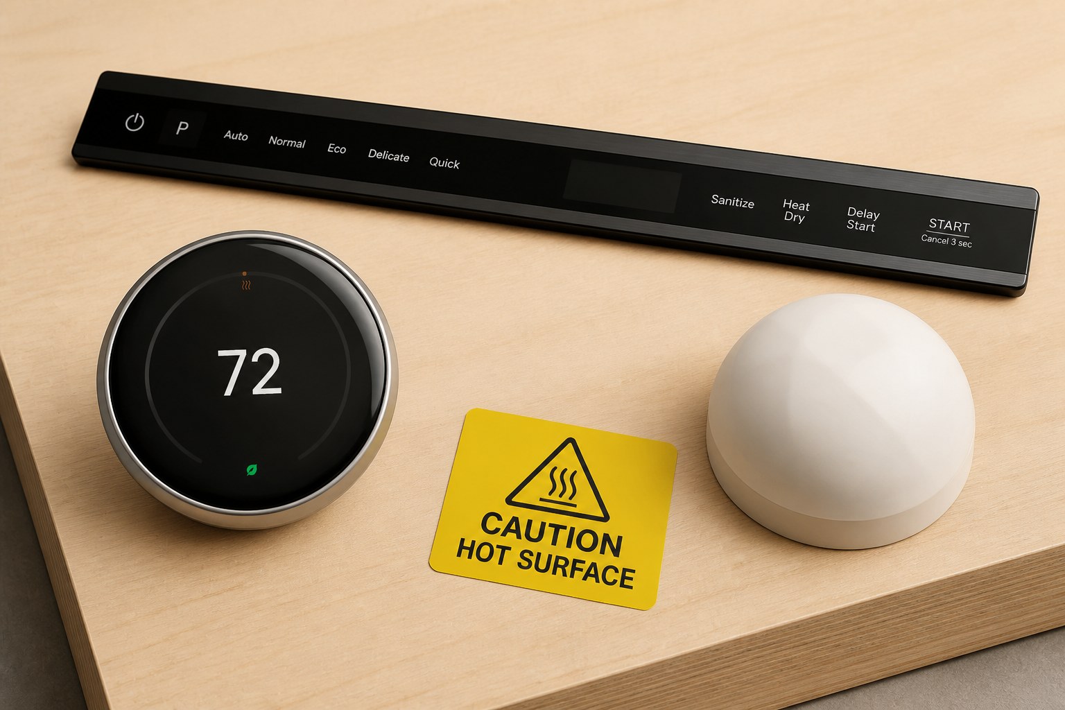 A dishwasher overlay, glass thermostat, caution label, and white dome laid out on a workbench.
