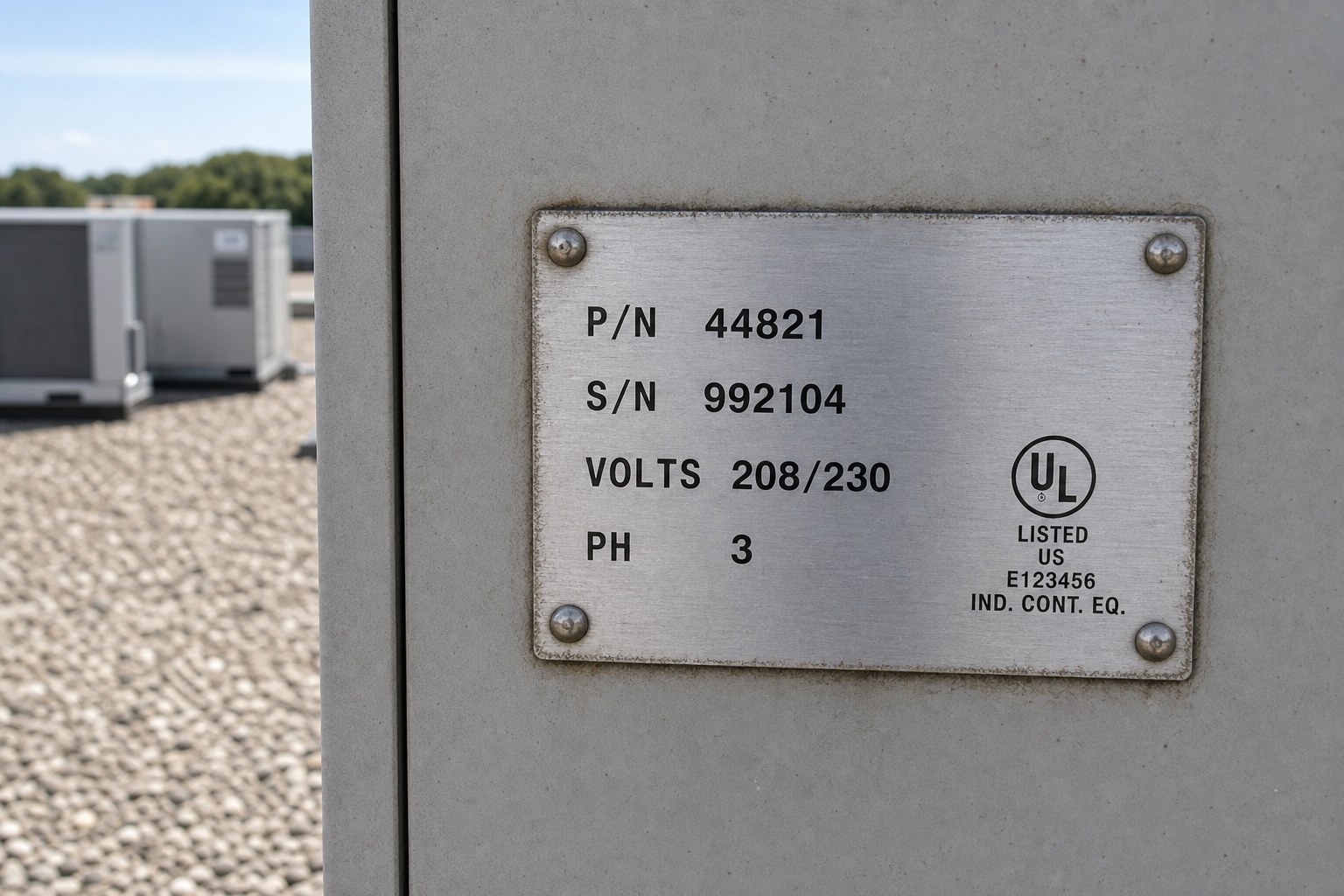 A brushed aluminum rooftop HVAC nameplate riveted to a gray cabinet.