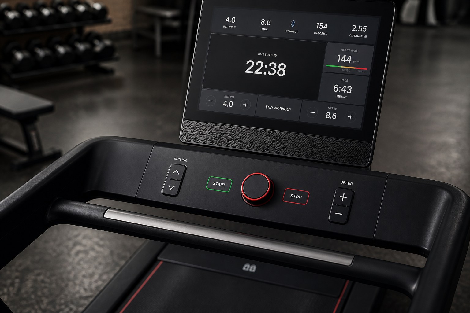 A current treadmill console with START, STOP, SPEED, and INCLINE overlay under a glass display.