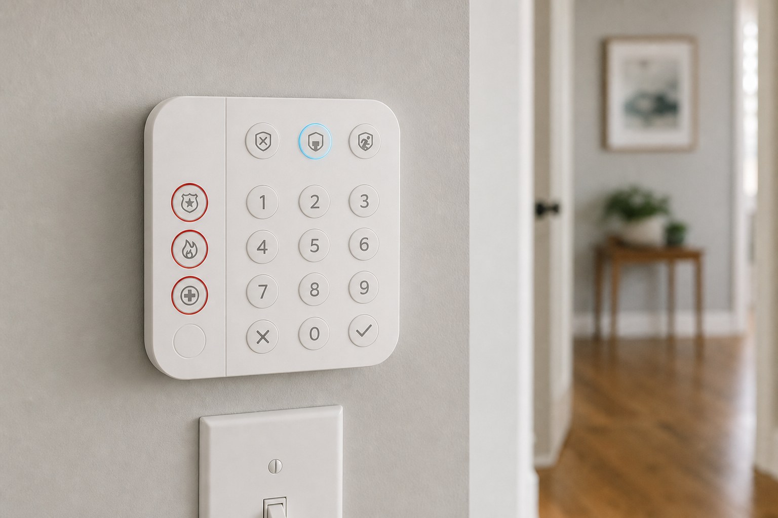 A white modern home alarm keypad with numeric keys and Stay Away lights.