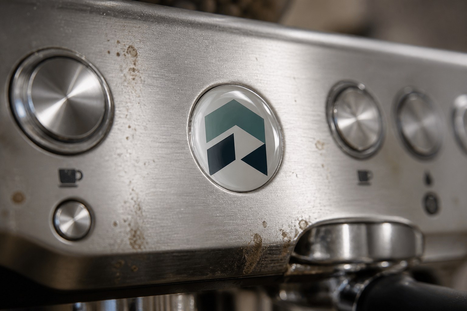 A poured polyurethane dome badge on a stainless espresso machine.