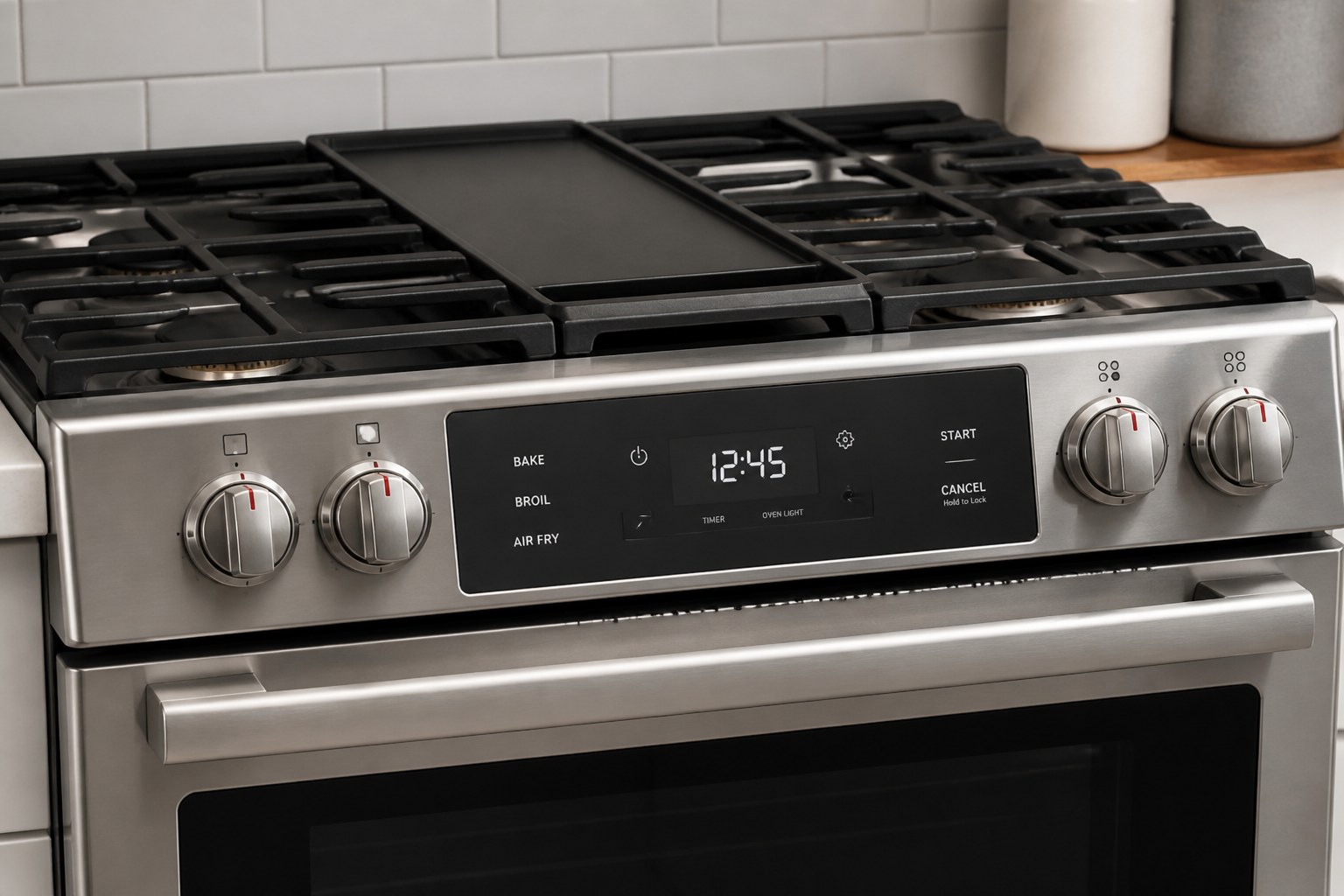 A current stainless range overlay with BAKE, BROIL, CONV. BAKE, and an LED clock.