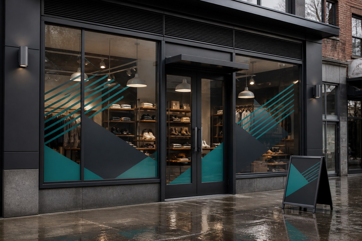 Charcoal and teal window vinyl with a matching sidewalk A-frame on a storefront.