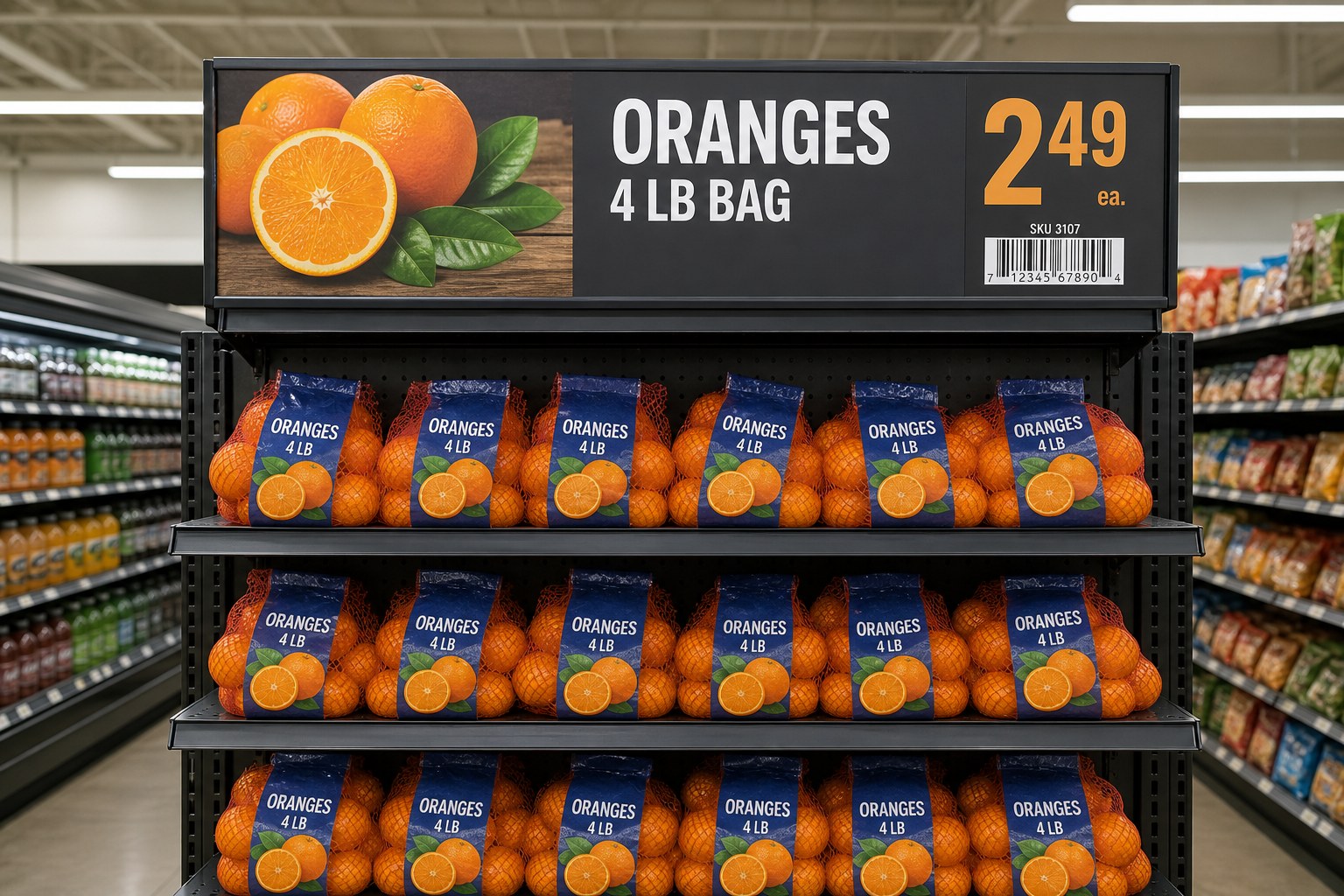 A grocery endcap header showing oranges at 2.49.
