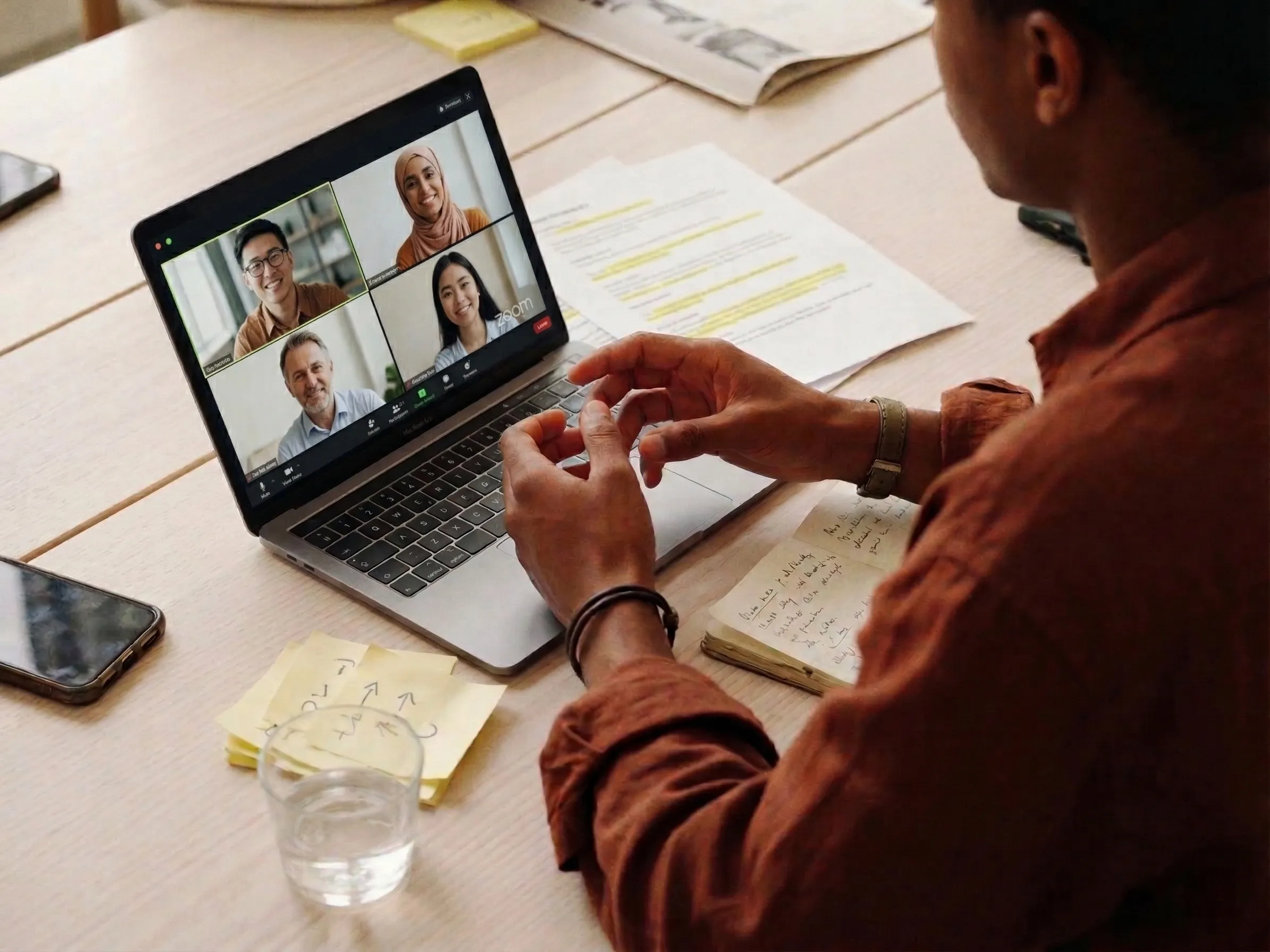 Person sitting at a wooden table with a map, highlighted documents, notes, a red pencil, two phones, and a glass of water.
