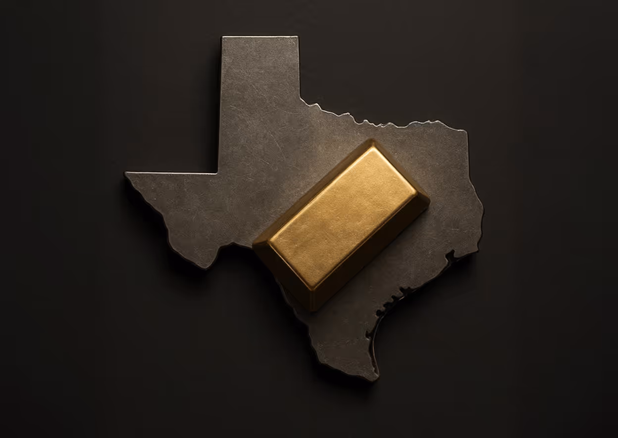 Gold bar over silhouette map of Texas