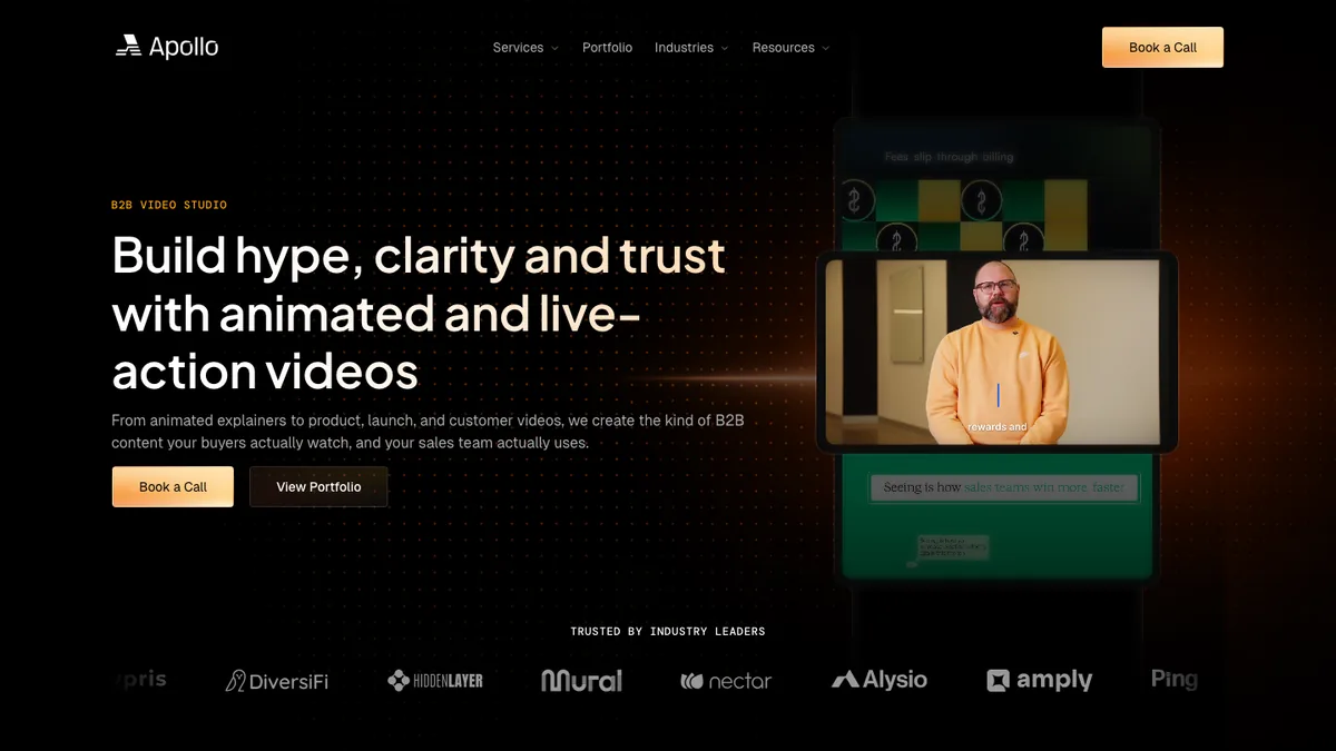 Apollo Studio homepage — B2B tech video studio for SaaS, AI, and cybersecurity