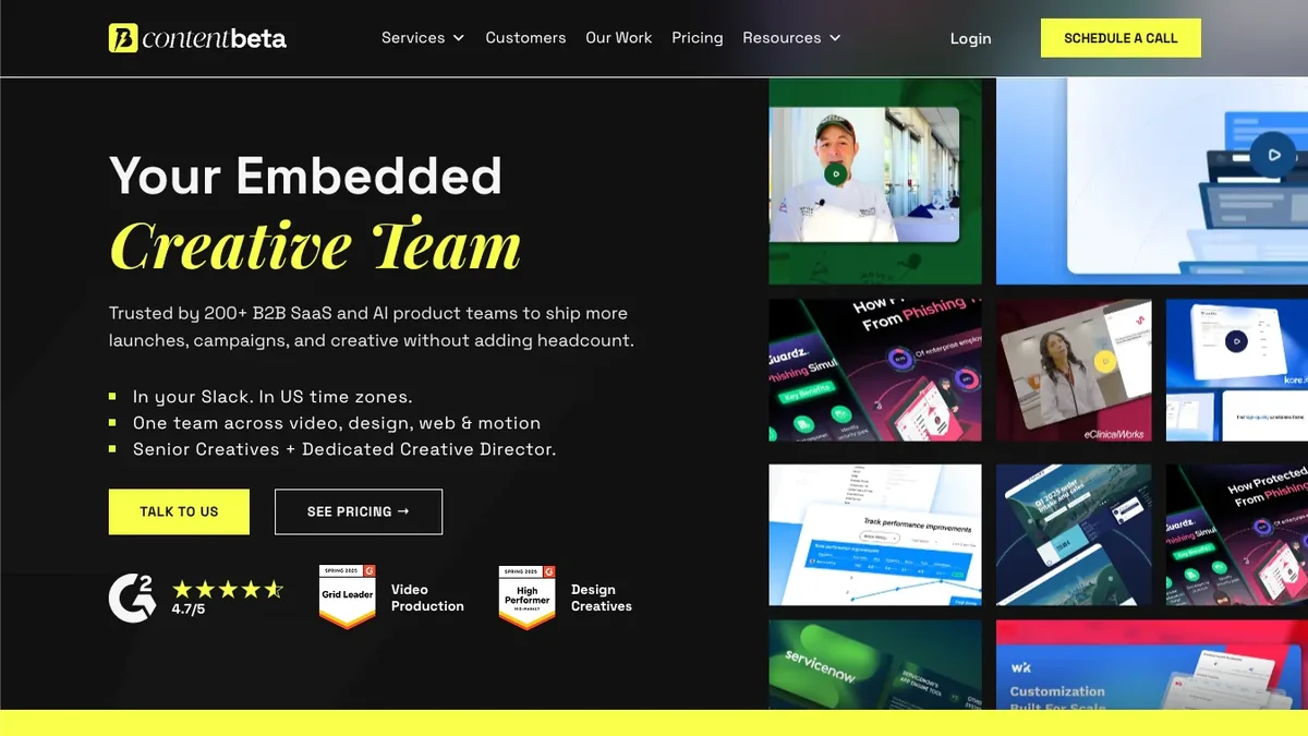 Content Beta homepage — embedded creative team for B2B SaaS video