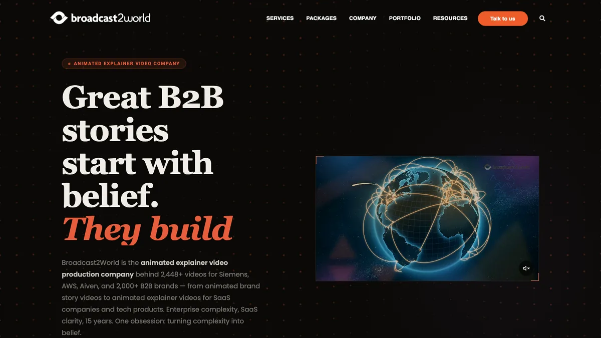 Broadcast2World homepage — animated explainer video company for B2B and SaaS