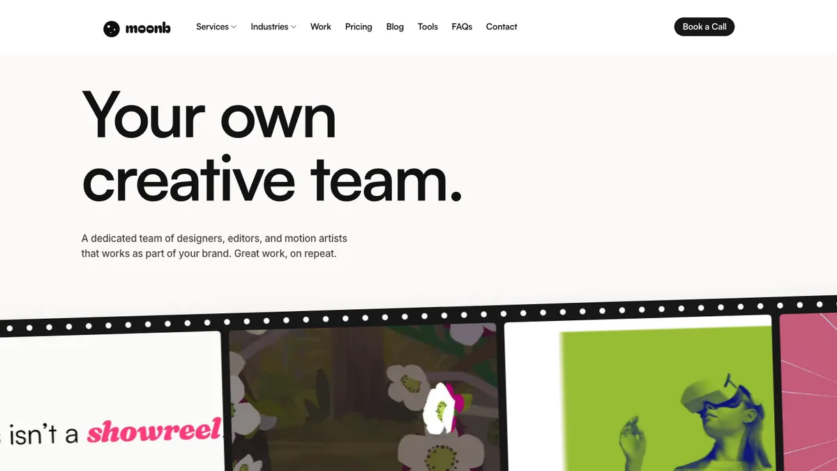 Moonb homepage — subscription creative team for video and motion design