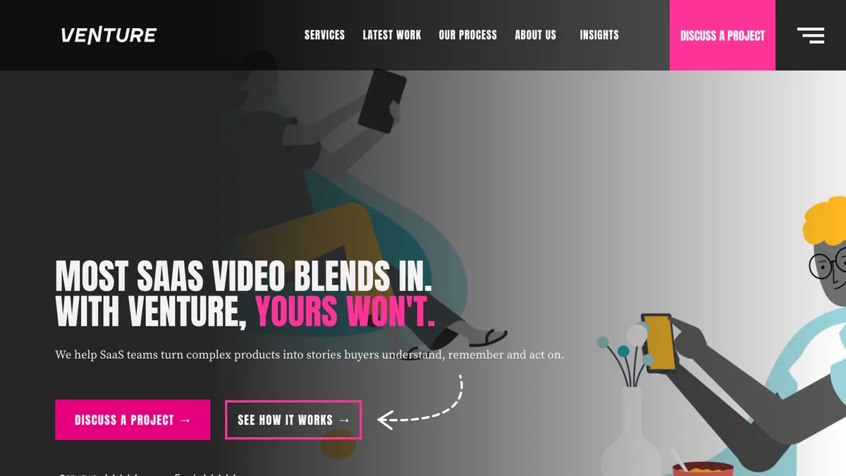 Venture Videos homepage — SaaS video production agency