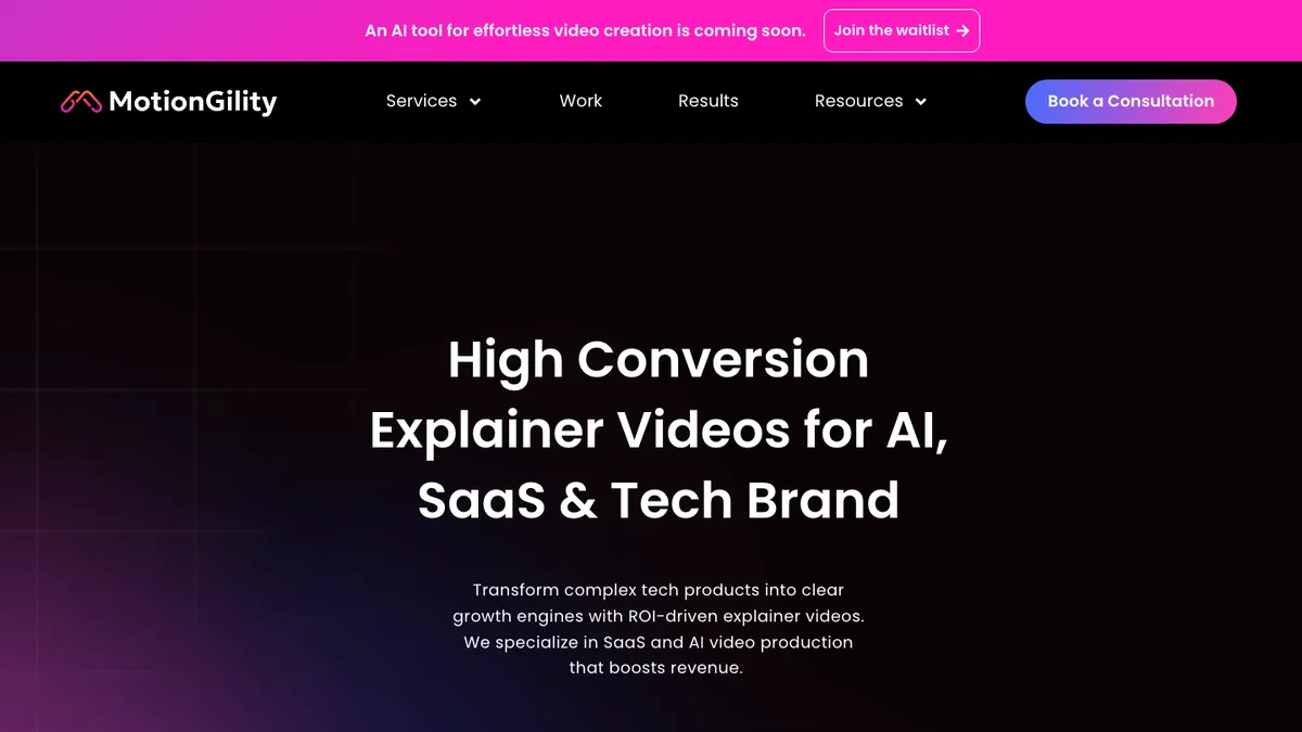 MotionGility homepage — explainer video company for AI, SaaS, and tech brands