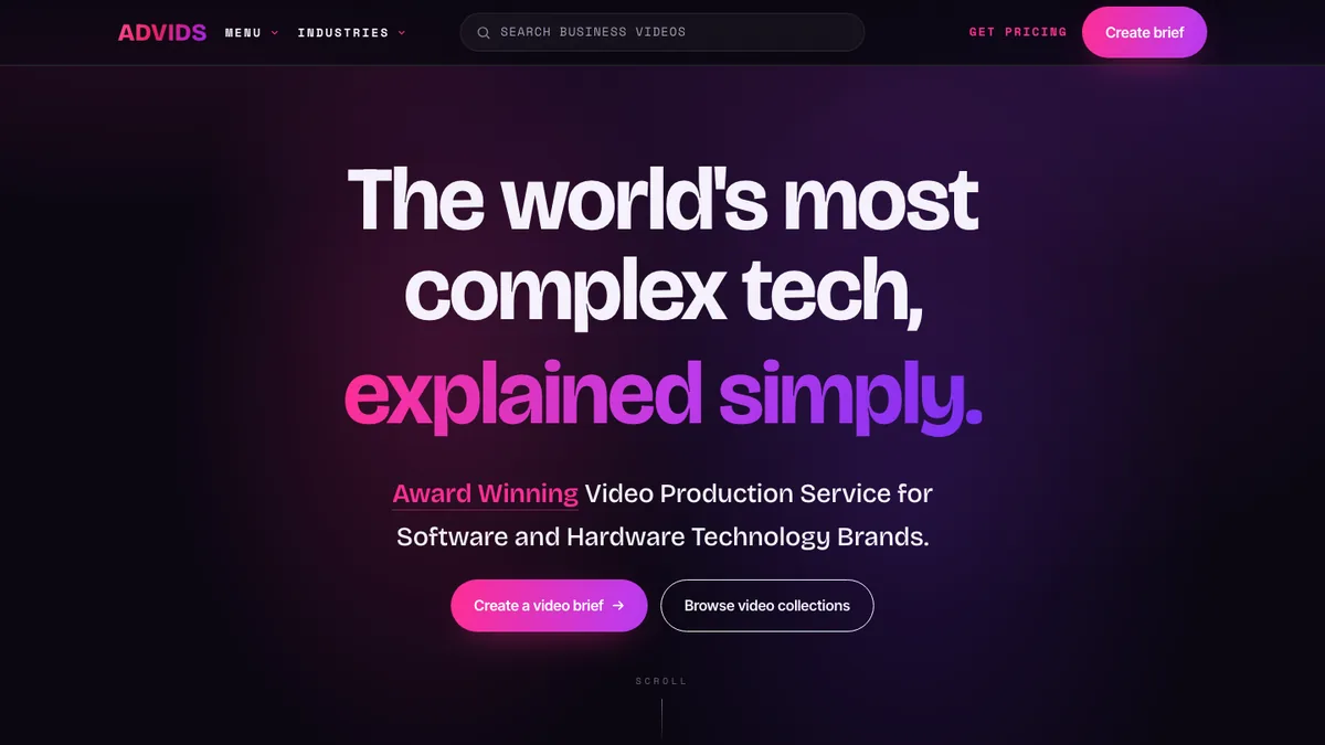 Advids homepage — video production service for complex software and hardware technology brands
