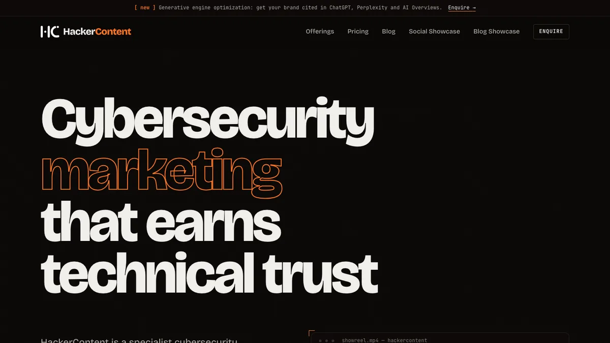 HackerContent homepage, cybersecurity marketing agency that earns technical trust