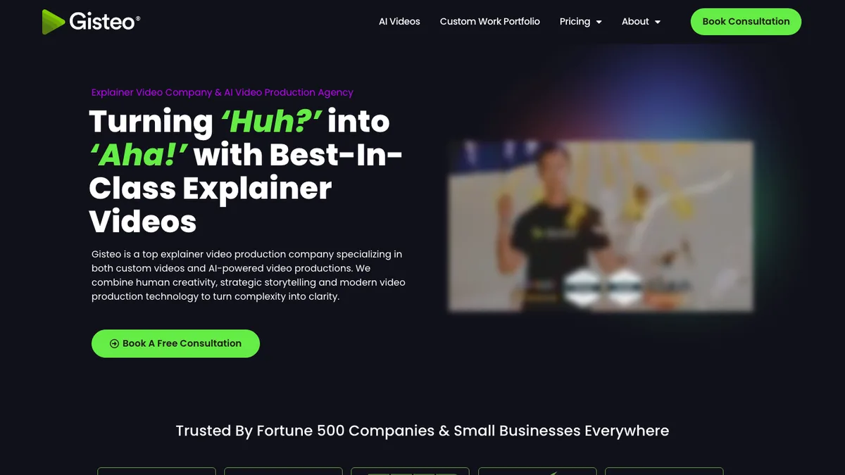 Gisteo homepage, explainer video company and AI video production agency