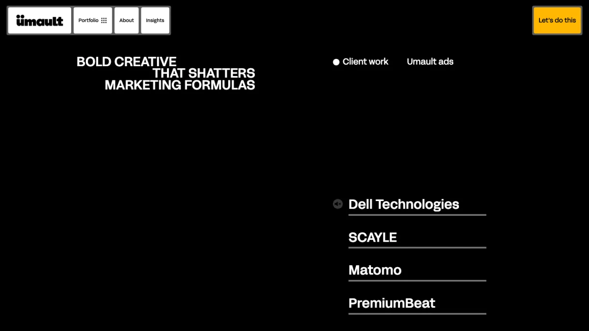 Umault homepage, boutique B2B video ad agency