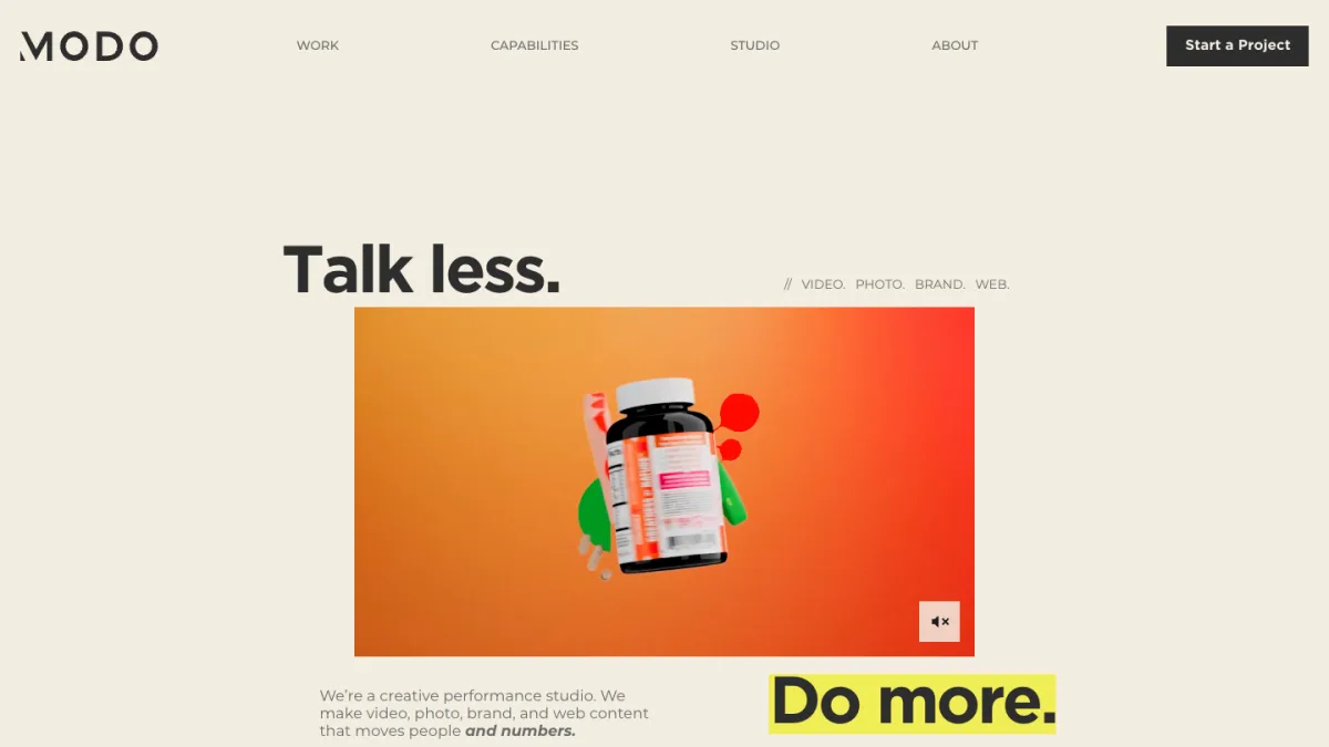 Modo Studios homepage, a Bluffdale, Utah creative studio producing video, photo, brand and web content