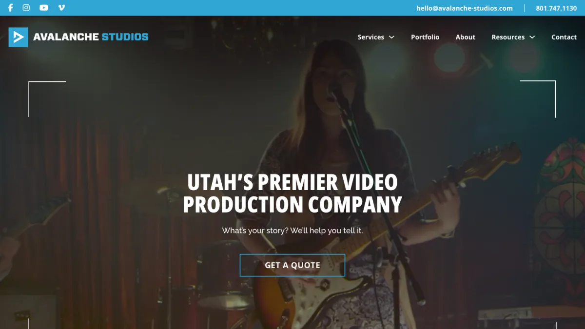 Avalanche Studios homepage, a full-service film and video production company in Salt Lake City