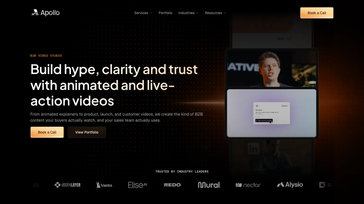 Apollo Studio homepage, a B2B video studio in Lehi, Utah for SaaS, AI, fintech and cybersecurity companies