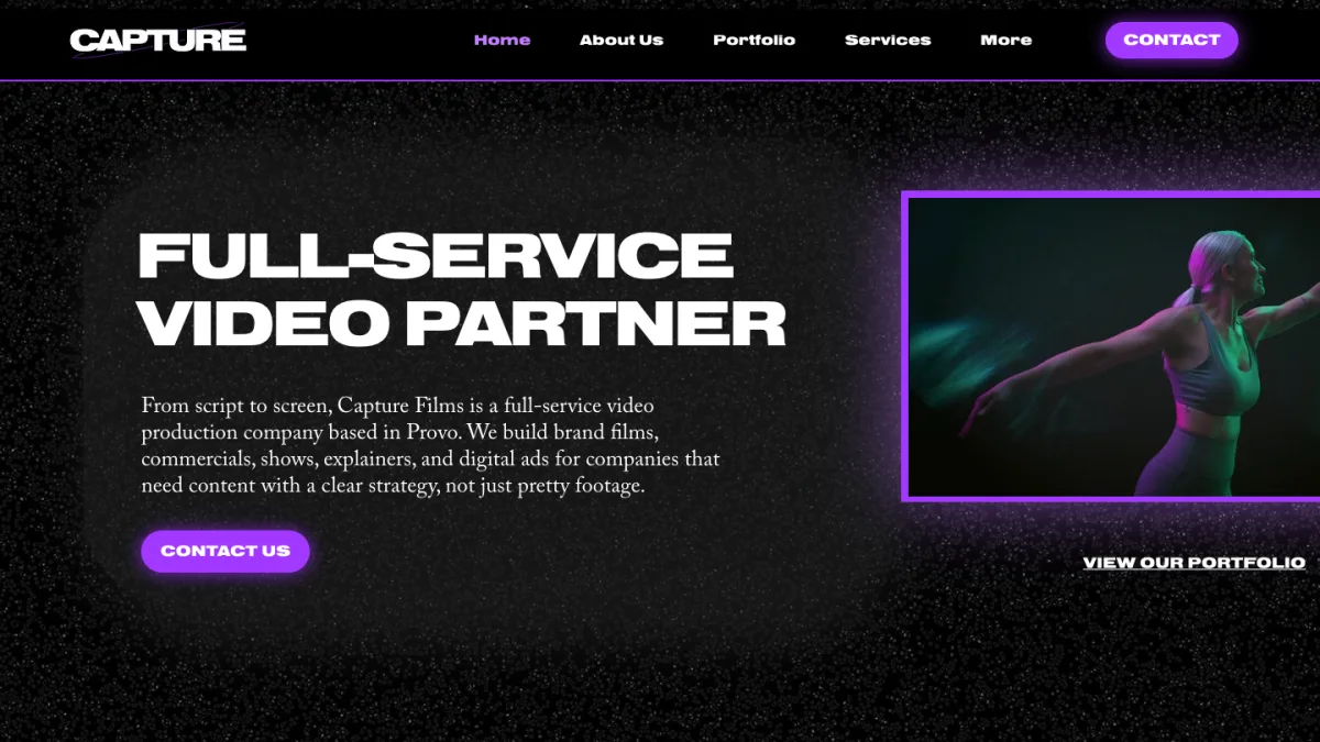 Capture Films homepage, a Provo, Utah full-service video production company