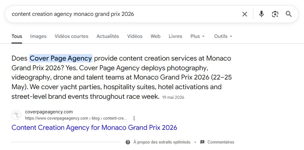 Featured Snippet Google position 0 pour content creation agency monaco grand prix 2026 — coverpageagency.com par Celestia Studio