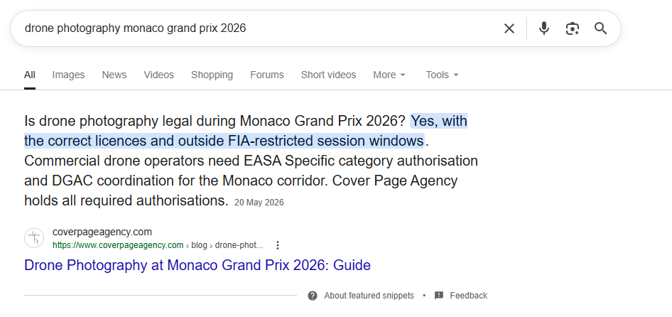 Featured Snippet Google position 0 pour drone photography monaco grand prix 2026 — article satellite coverpageagency.com