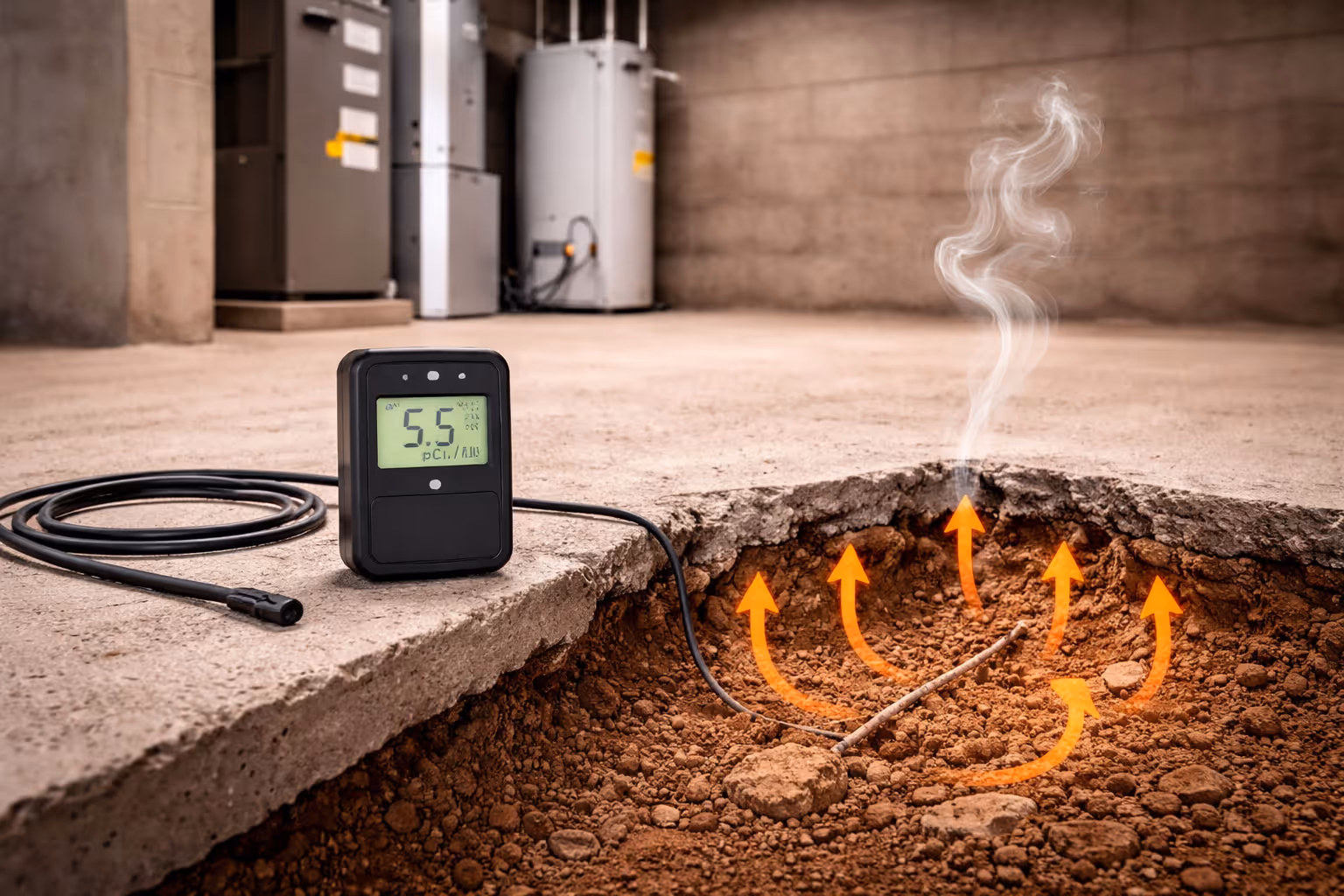 Radon gas rising from soil beneath home foundation during testing