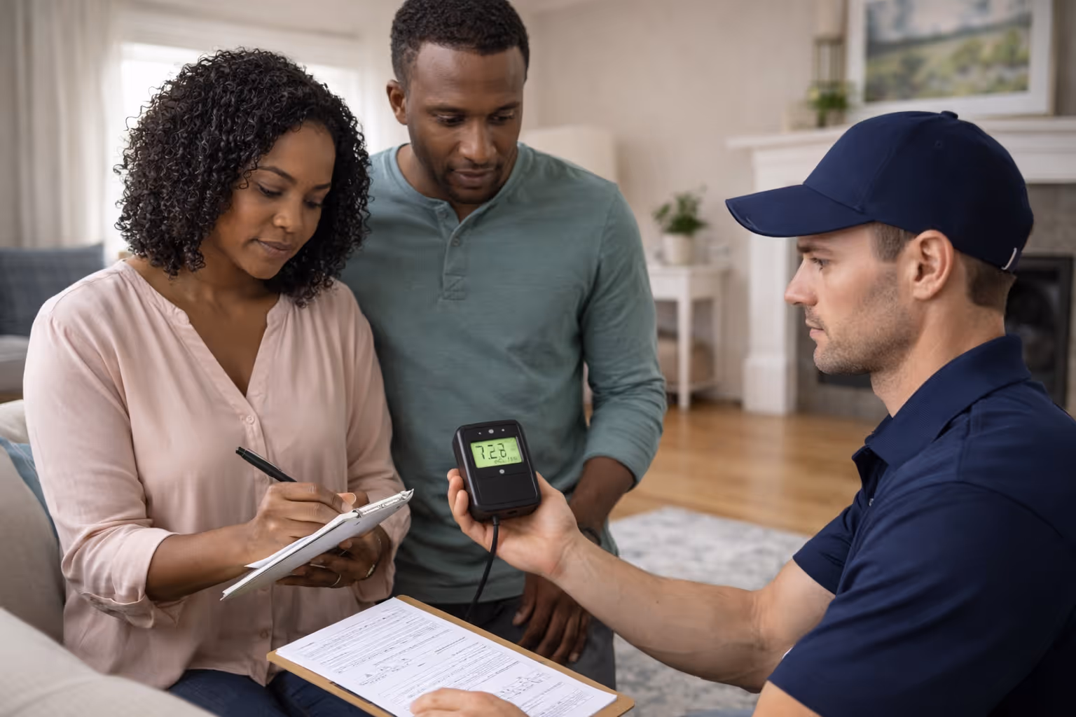 Homeowners reviewing radon test results with technician in living room