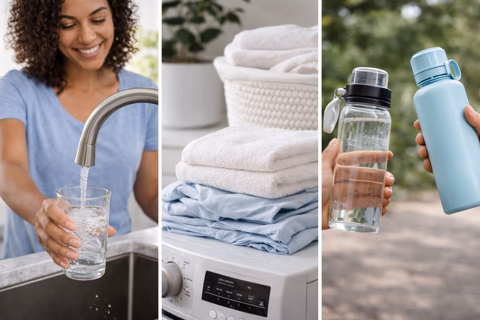 Clean water benefits shown through drinking tap water, fresh laundry, and reusable bottles