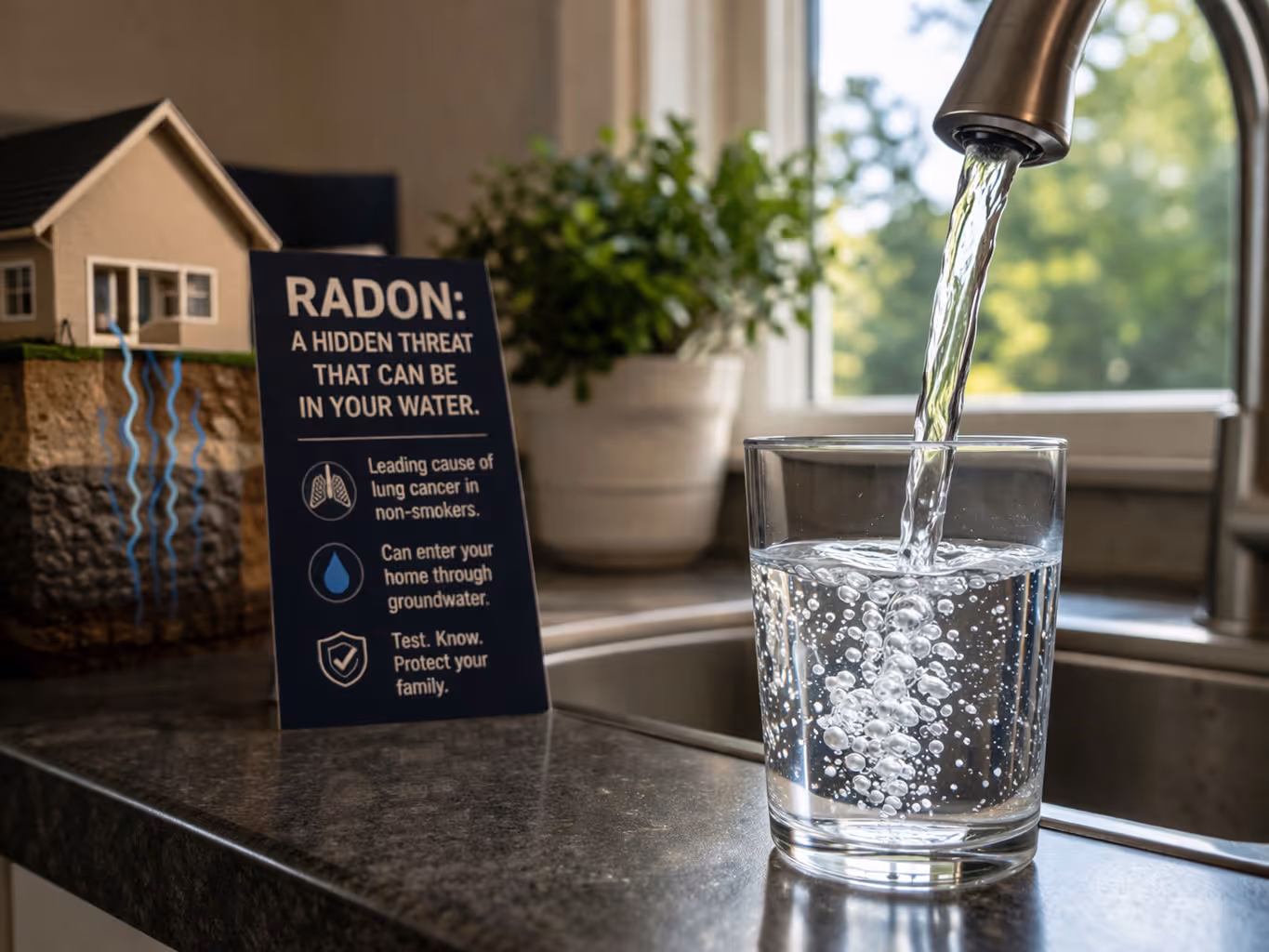Tap water pouring into glass with visible radon warning sign and home model in kitchen