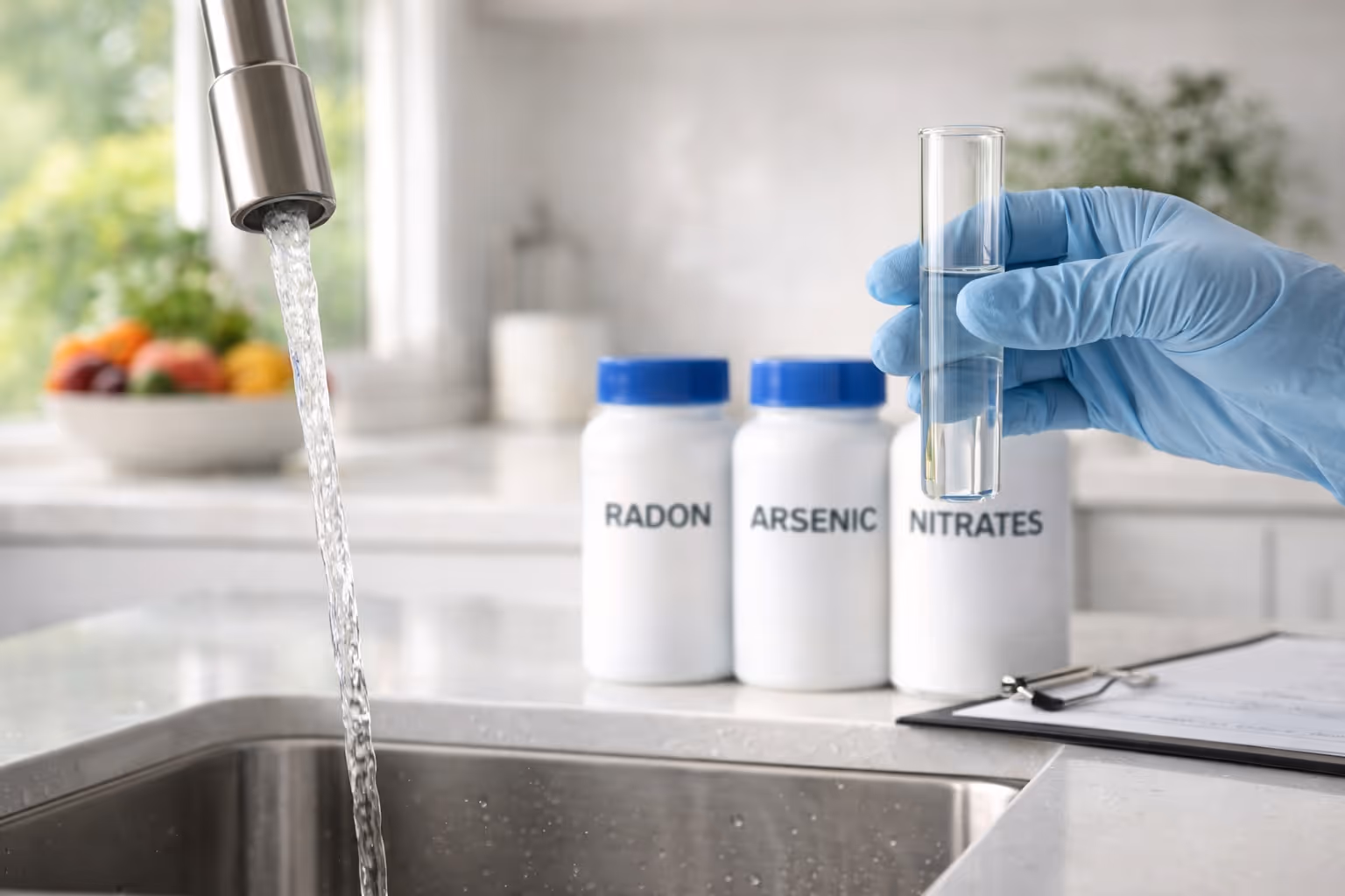 Water quality testing showing contaminants like radon, arsenic, and nitrates in household supply