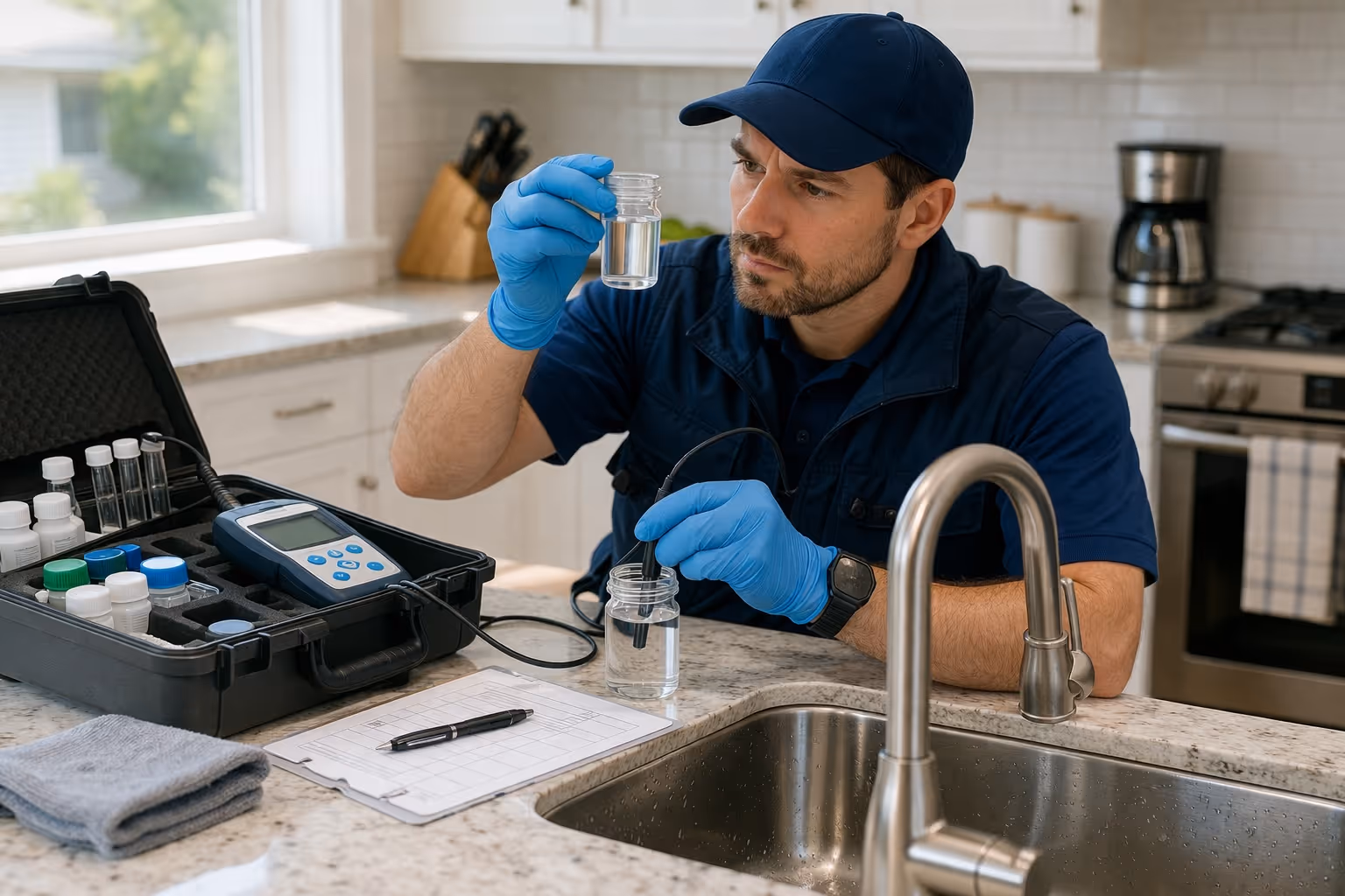 Technician testing household water quality in kitchen using professional diagnostic equipment