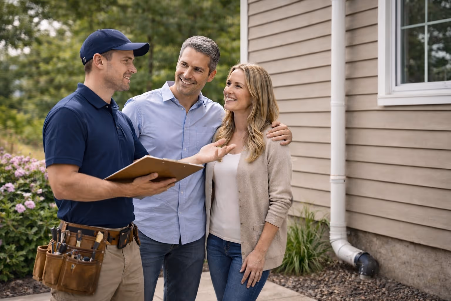 Technician explaining water treatment service to homeowners outside their house