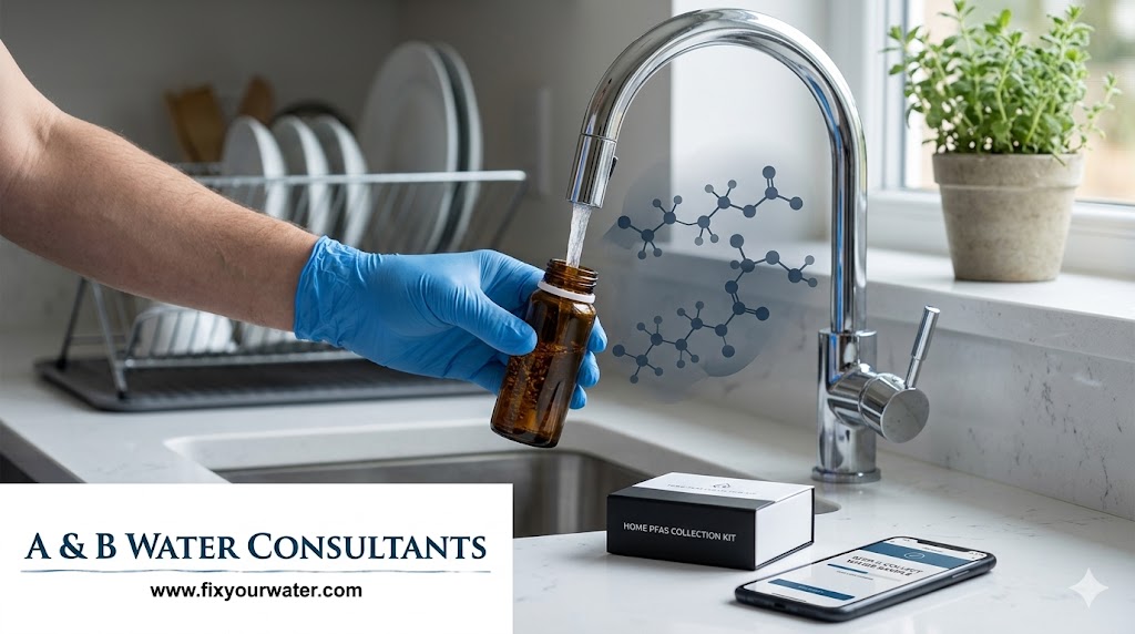 A person wearing blue nitrile gloves fills a dark glass sample bottle from a kitchen faucet to test for PFAS. A "Home PFAS Collection Kit" box and a smartphone sit on the counter, with a stylized molecular structure overlaid near the water stream