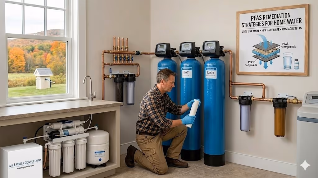 Alt Tag: A man in a plaid shirt inspects a water filter cartridge in a home utility room equipped with a comprehensive PFAS remediation system. The setup features large blue GAC and resin tanks, copper piping, and an under-sink reverse osmosis unit.