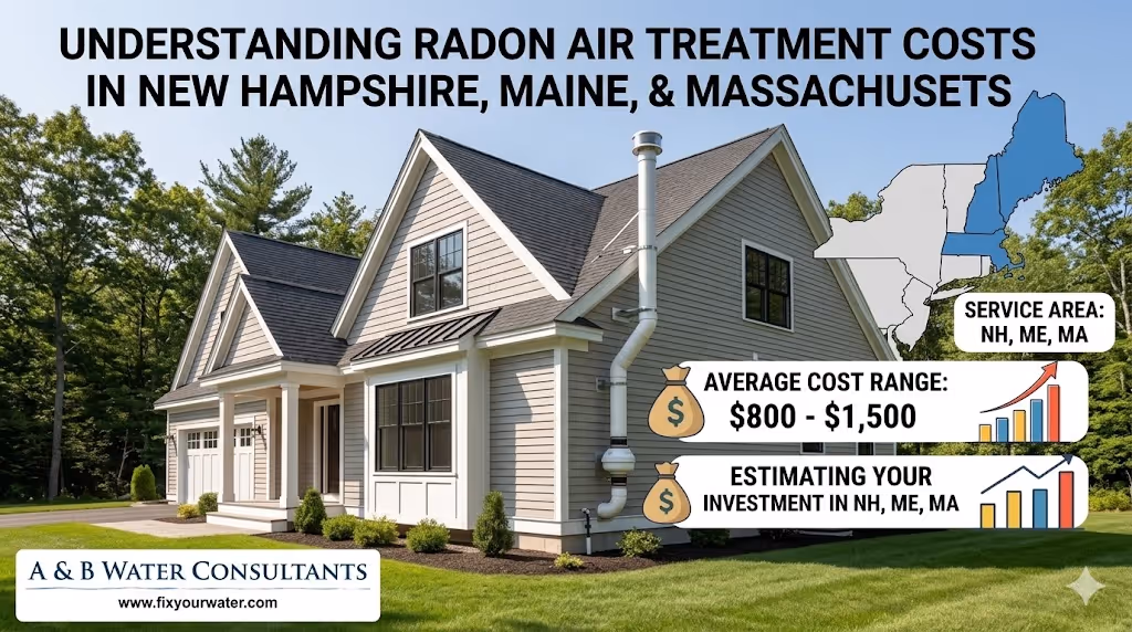 informative graphic with the title "Understanding Radon Air Treatment Costs in New Hampshire, Maine, & Massachusetts." A photograph of a modern grey house with an exterior chimney serves as the background image.