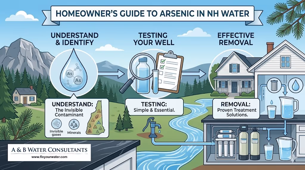 An illustrated infographic guide titled 'Homeowner's Guide to Arsenic in NH Water,' presented in a scenic New Hampshire mountain and forest background with an illustrated river. It is organized into three distinct steps in a vertical column structure.