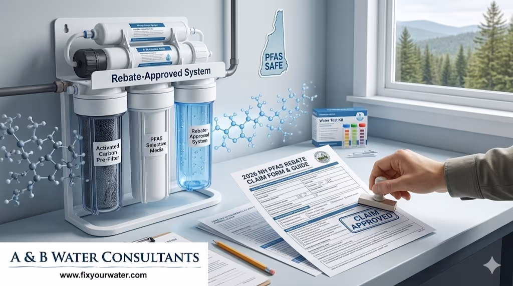 A professional, landscape-oriented image illustrating the 2026 New Hampshire PFAS rebate process. In the foreground, a person's hand stamps a "CLAIM APPROVED" seal onto a document titled "2026 NH PFAS Rebate Claim Form & Guide" resting on a clean countertop.