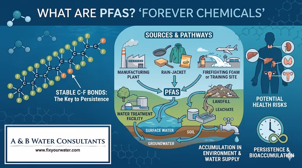 infographic explaining PFAS ('Forever Chemicals'). Top left: large molecular model of a complex carbon-fluorine chain. Center: flow chart diagram of 'SOURCES & PATHWAYS' with arrows from manufacturing, products, and waste into water systems and contamination