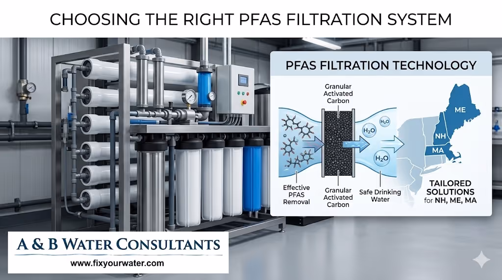 landscape graphic titled "CHOOSING THE RIGHT PFAS FILTRATION SYSTEM" featuring a professional water filtration setup with industrial canisters and piping. An overlay infographic titled "PFAS FILTRATION TECHNOLOGY" illustrates the process of removing PFAS chemicals using granular activated carbon to produce safe drinking water