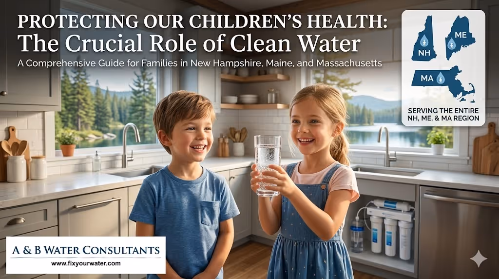 composite image showing a smiling boy and girl in a clean, modern kitchen. The girl is holding up a glass of clear water with a happy expression. Large white text over the scene reads: "PROTECTING OUR CHILDREN’S HEALTH: The Crucial Role of Clean Water", with a subtitle below: "A Comprehensive Guide for Families in New Hampshire, Maine, and Massachusetts".