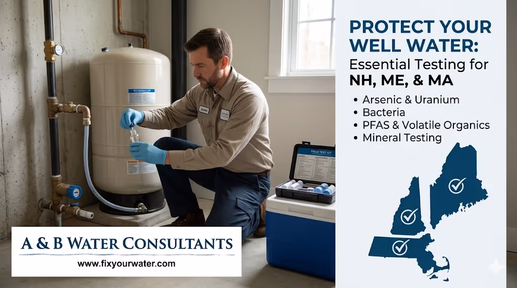 infographic promoting well water testing. On the left, a man in a technician's uniform and blue gloves kneels in a utility room, taking a water sample into a small vial from a large pressure tank. On the right, a dark blue panel features large white text that reads: "PROTECT YOUR WELL WATER: Essential Testing for NH, ME, & MA."