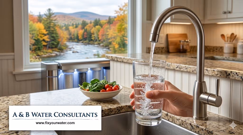 A glass being filled with clean, filtered water from a modern kitchen faucet, overlooking a scenic New England autumn landscape with a river and mountains.
